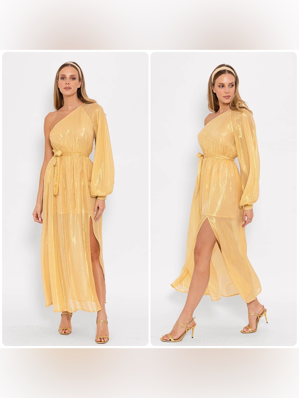 New! Sundress Doris  Belted One-Shoulder Shimmer Midi Dress in Gold 🌟 Small Tall - Picture 3 of 16